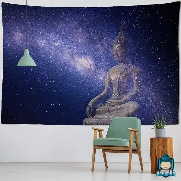 Tapisserie-Murale-Bouddha-Nuit-tenture-en-polyester-illustration-Bouddha-assis-ciel-decor-bleu-nuit-ciel-etoile-voie-lactee