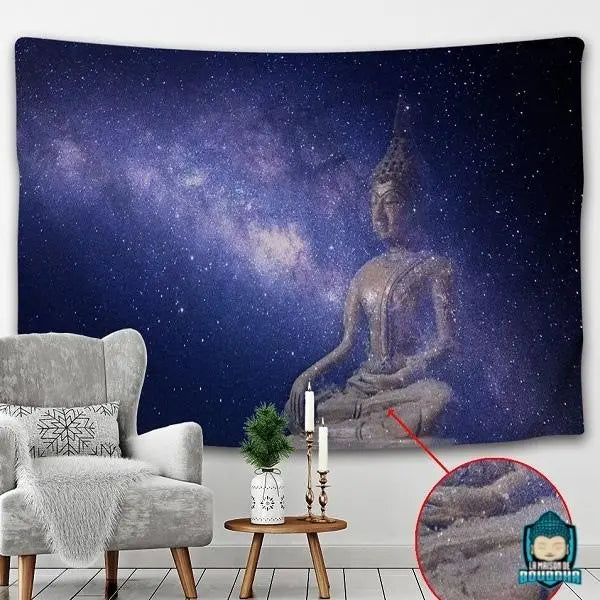Tapisserie-Murale-Bouddha-Nuit-tenture-en-polyester-representation-Bouddha-assis-ciel-decor-bleu-nuit-ciel-etoile-voie-lactee