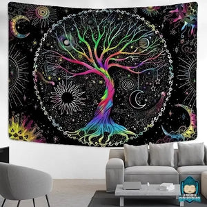 Tenture-Arbre-de-Vie-colore-sur-toile-fond-noir-en-polyester-decor-lune-etoiles-soleil