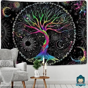 Tenture-Arbre-de-Vie-multicolore-dans-decor-cercle-toile-en-polyester-noire