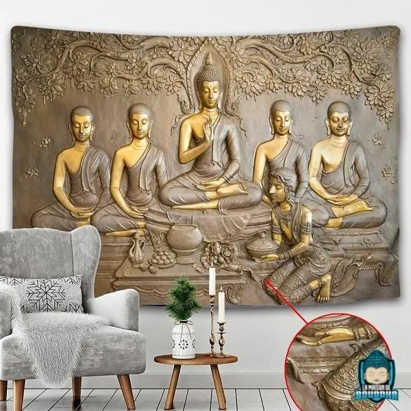 Tenture-Bouddhiste-Tibetain-tapisserie-murale-en-polyester-couleurs-or-cuivre-impression-effet-3-D-illustration-Bouddha-et-bodhhisattvas