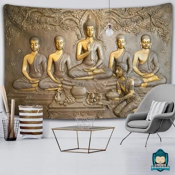 Tenture-Bouddhiste-Tibetain-tapisserie-murale-en-polyester-couleurs-or-cuivre-repesentation-Bouddha-et-bodhhisattvas-impression-3-D-La-Maison-de-Bouddha