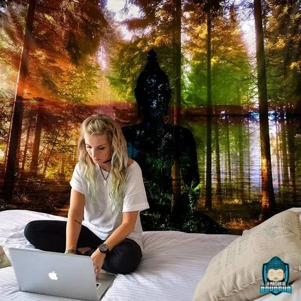Tenture-Murale-Bouddha-Esprit-de-la-Foret-tenture-murale-ombre-bouddha-foret-toile-coloree-en-polyester