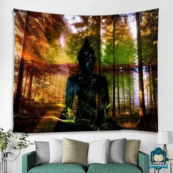 Tenture-Murale-Bouddha-Esprit-de-la-Foret-tenture-murale-ombre-bouddha-foret-toile-multicolore-en-polyester