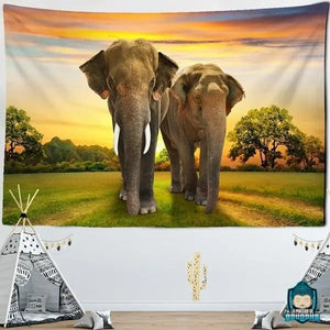 Tenture-Murale-Elephant-en-polyester-illustration-2-elephants-en-marche-dans-la-savane