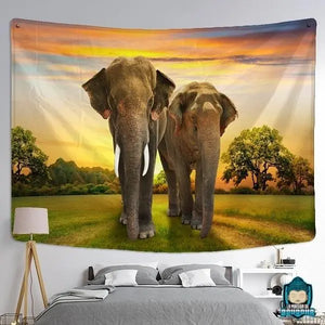 Tenture-Murale-Elephant-en-polyester-representation-2-elephants-en-marche-dans-la-savane-La-Maison-de-Bouddha