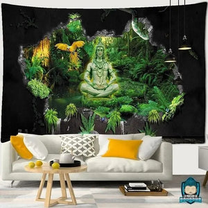 Tenture-Murale-Shiva-en-meditation-tapisserie-trompe-l-oeil-en-polyester-coloris-representation-en-vert-fond-noir