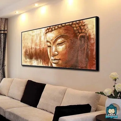 Toile-Peinture-Bouddha-vue-de-profil-visage-de-Bouddha-tons-beige-marron-clair-1-piece-canvas-230-grammes