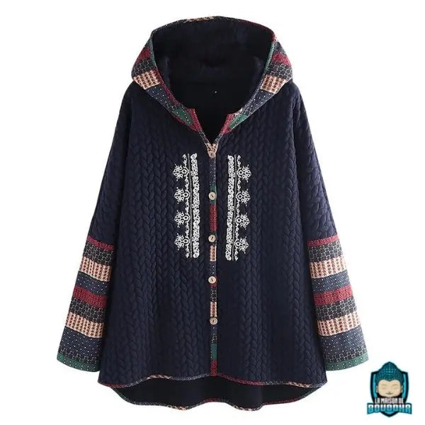 Veste-femme-ethnique-bleu-Navy-a-capuche-en-coton-et-polyester-maille-torsade-effet-matelasse-La-Maison-de-Bouddha