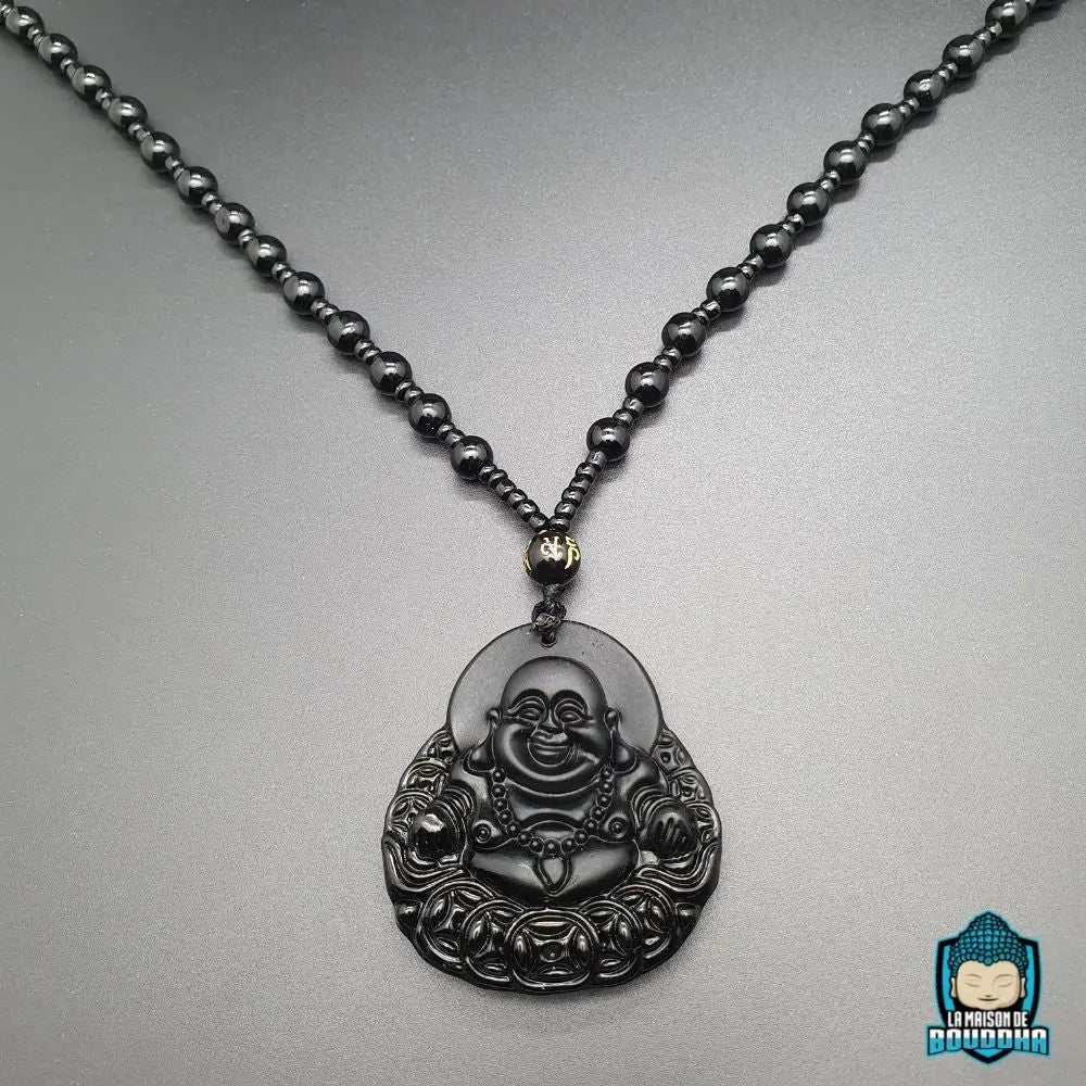 Pendentif Bouddha Rieur Obsidienne Noir